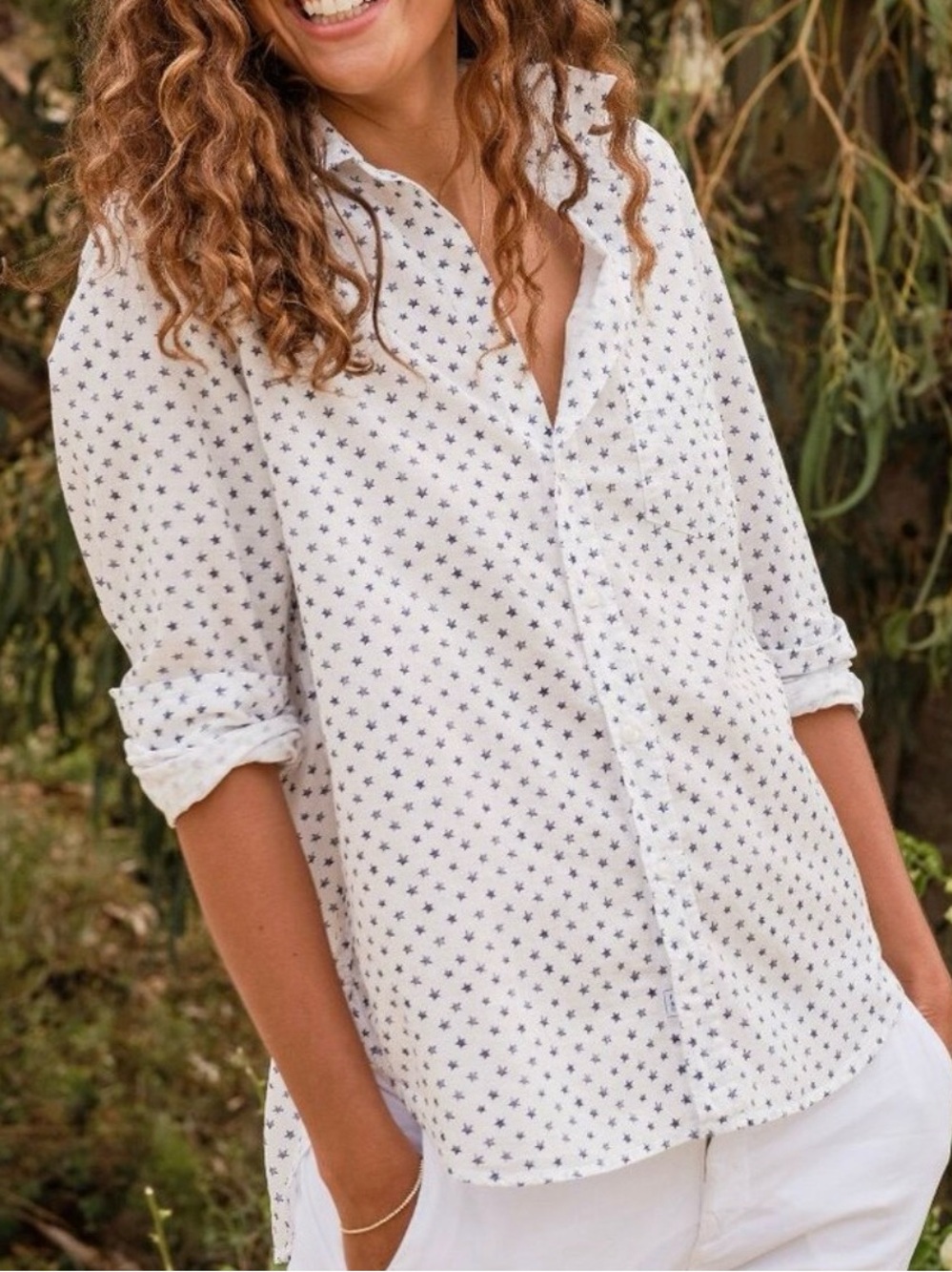 Frank & Eileen Eileen Button Up Shirt 100% Linen White Blue Stared Size Medium‎